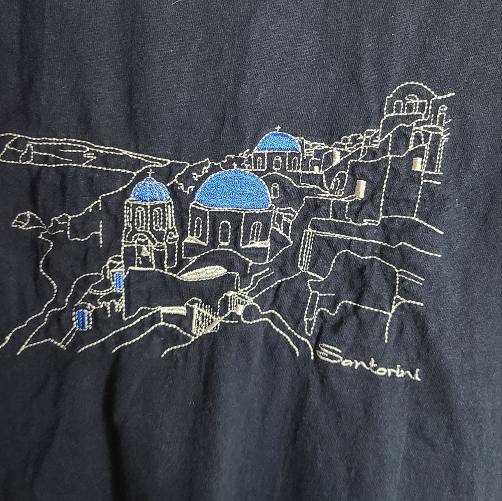 Navy Blue Greece Santorini Island Embroidered T-Shirt